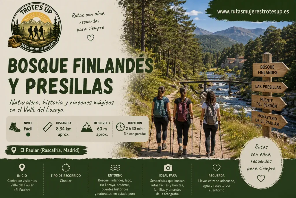 Rutas de senderismo Mujeres senderistas en la ruta del Bosque Finlandés y Las Presillas de Rascafría