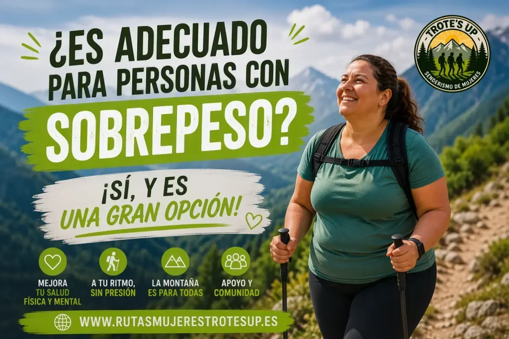 ¿Es adecuado el senderismo para personas con sobrepeso? Persona caminando con bastones de trekking por un sendero de montaña rodeado de bosques y montañas, mostrando que el senderismo es una actividad adecuada para personas con sobrepeso.