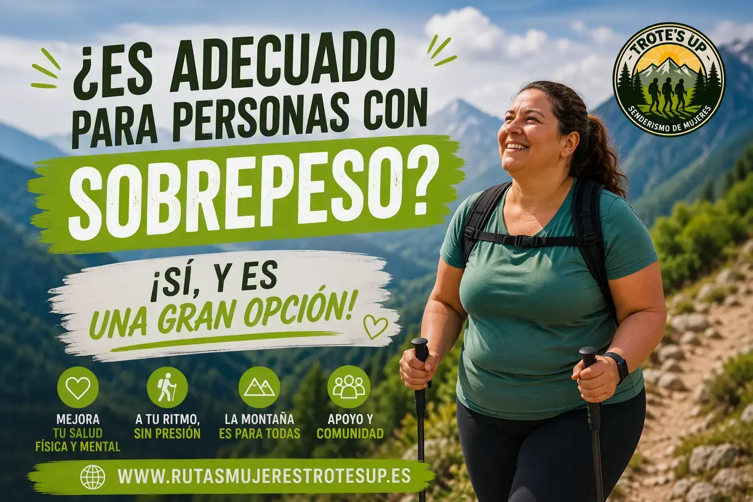 Persona caminando con bastones de trekking por un sendero de montaña rodeado de bosques y montañas, mostrando que el senderismo es una actividad adecuada para personas con sobrepeso.
