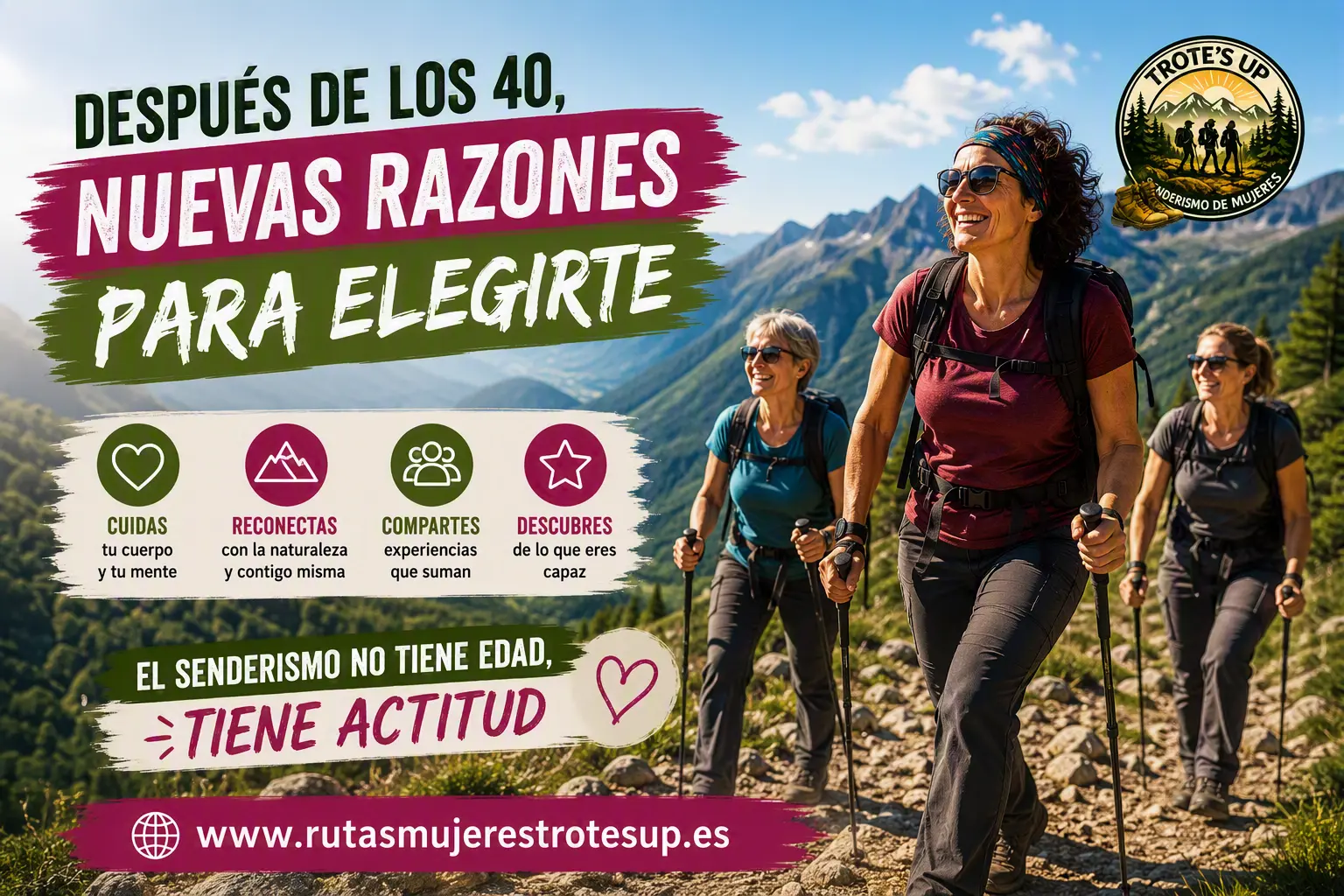 Grupo de mujeres mayores de 40 años haciendo senderismo juntas en la montaña.