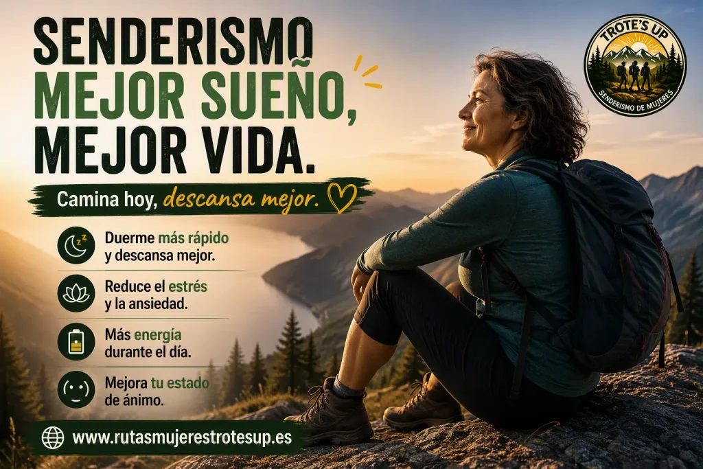 ¿Puede el senderismo mejorar la calidad del sueño? Mujer practicando senderismo al atardecer en la montaña para mejorar la calidad del sueño y el bienestar.