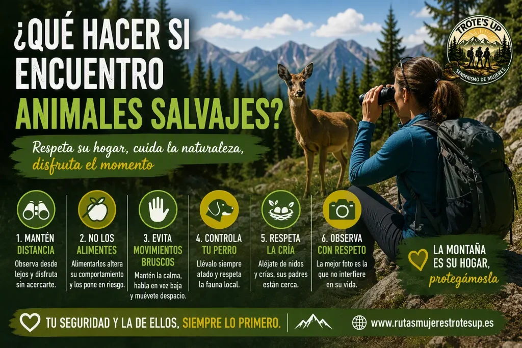Persona senderista observando fauna salvaje desde una distancia segura durante una ruta.