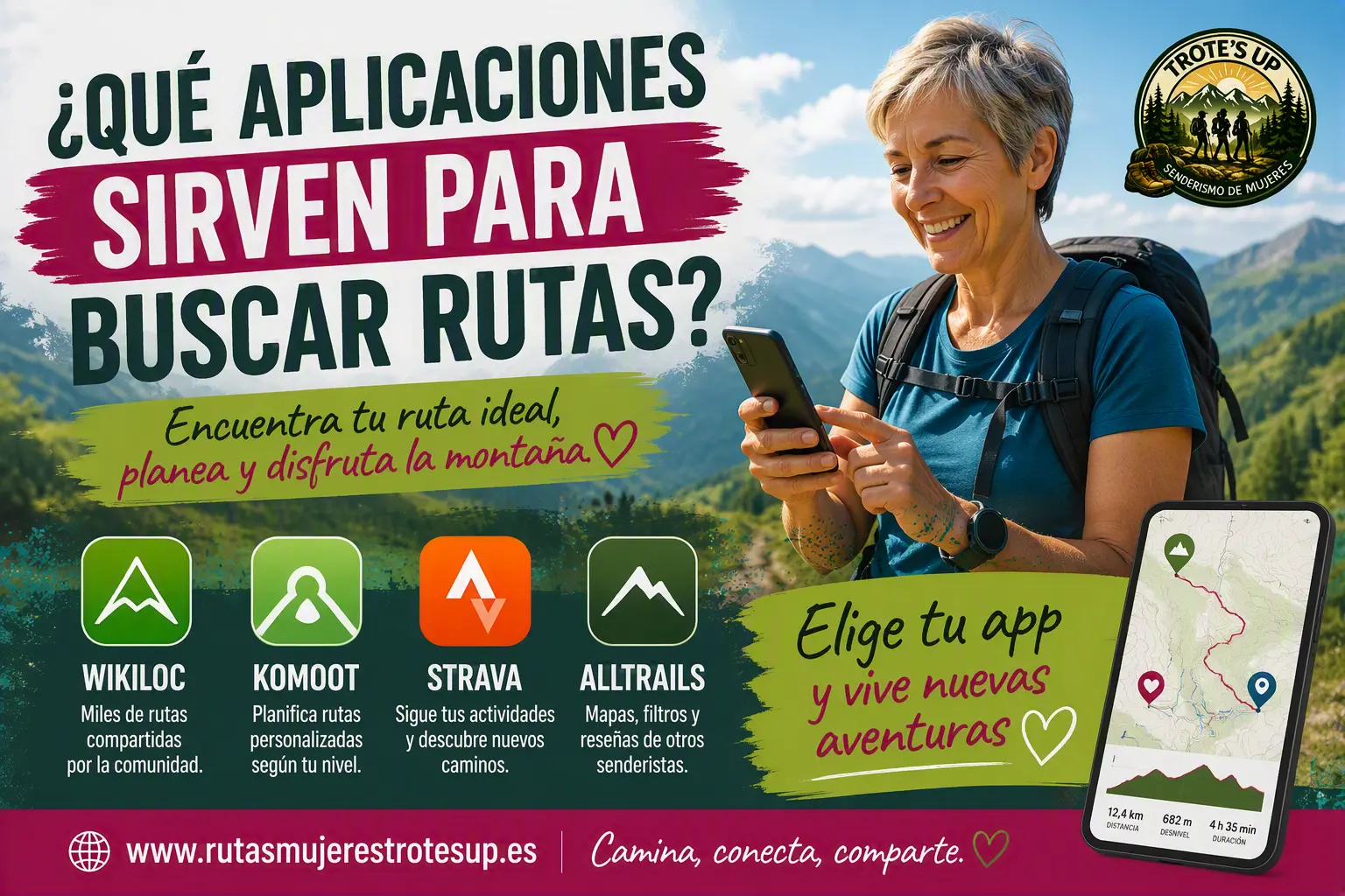 Mujer senderista consultando una aplicación móvil para buscar rutas de senderismo en la montaña.