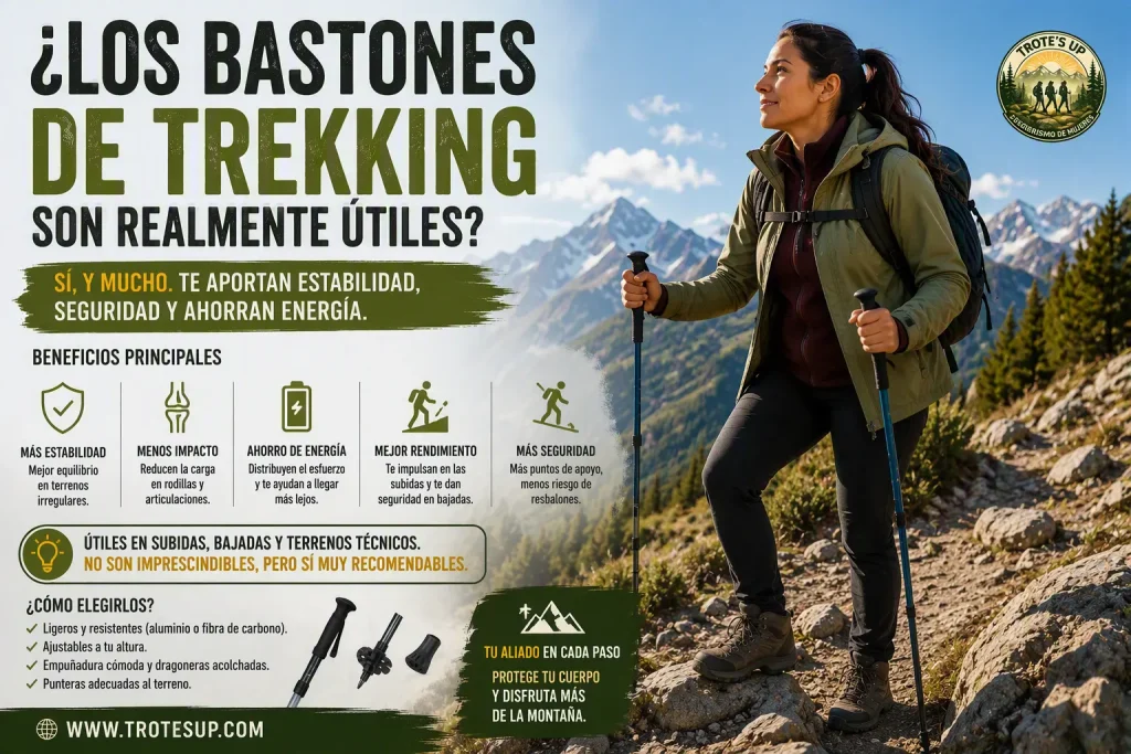 ¿Los bastones de trekking son realmente útiles? Senderista utilizando bastones de trekking durante una ruta de montaña. Infografía sobre los beneficios de los bastones para mejorar la estabilidad, reducir el impacto articular y aumentar la seguridad en senderismo.