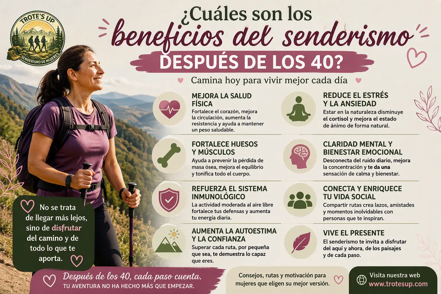 Mujer senderista disfrutando de una ruta de montaña y los beneficios del senderismo después de los 40.