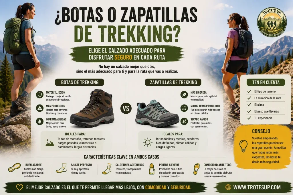 ¿Botas o zapatillas de trekking? Comparativa entre botas de trekking y zapatillas de trekking en una ruta de montaña. Infografía que muestra ventajas, características y usos recomendados para cada tipo de calzado en senderismo.