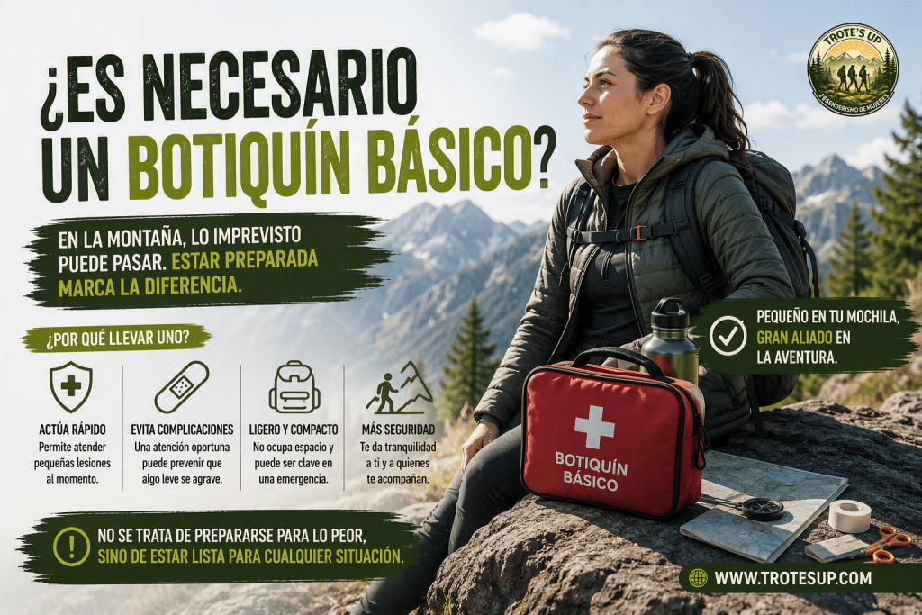 ¿Es necesario llevar un botiquín básico en una ruta de senderismo? Botiquín básico de primeros auxilios junto a una mochila de senderismo en una ruta de montaña. Imagen informativa sobre la importancia de llevar material de primeros auxilios durante actividades al aire libre.