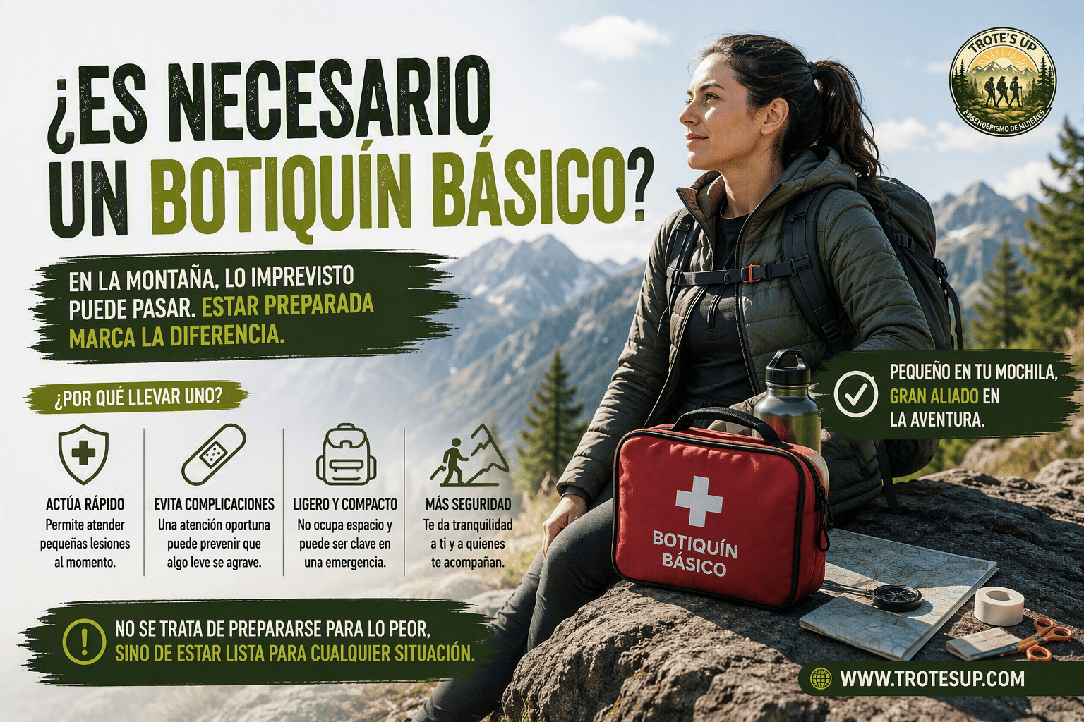 Botiquín básico de primeros auxilios junto a una mochila de senderismo en una ruta de montaña. Imagen informativa sobre la importancia de llevar material de primeros auxilios durante actividades al aire libre.