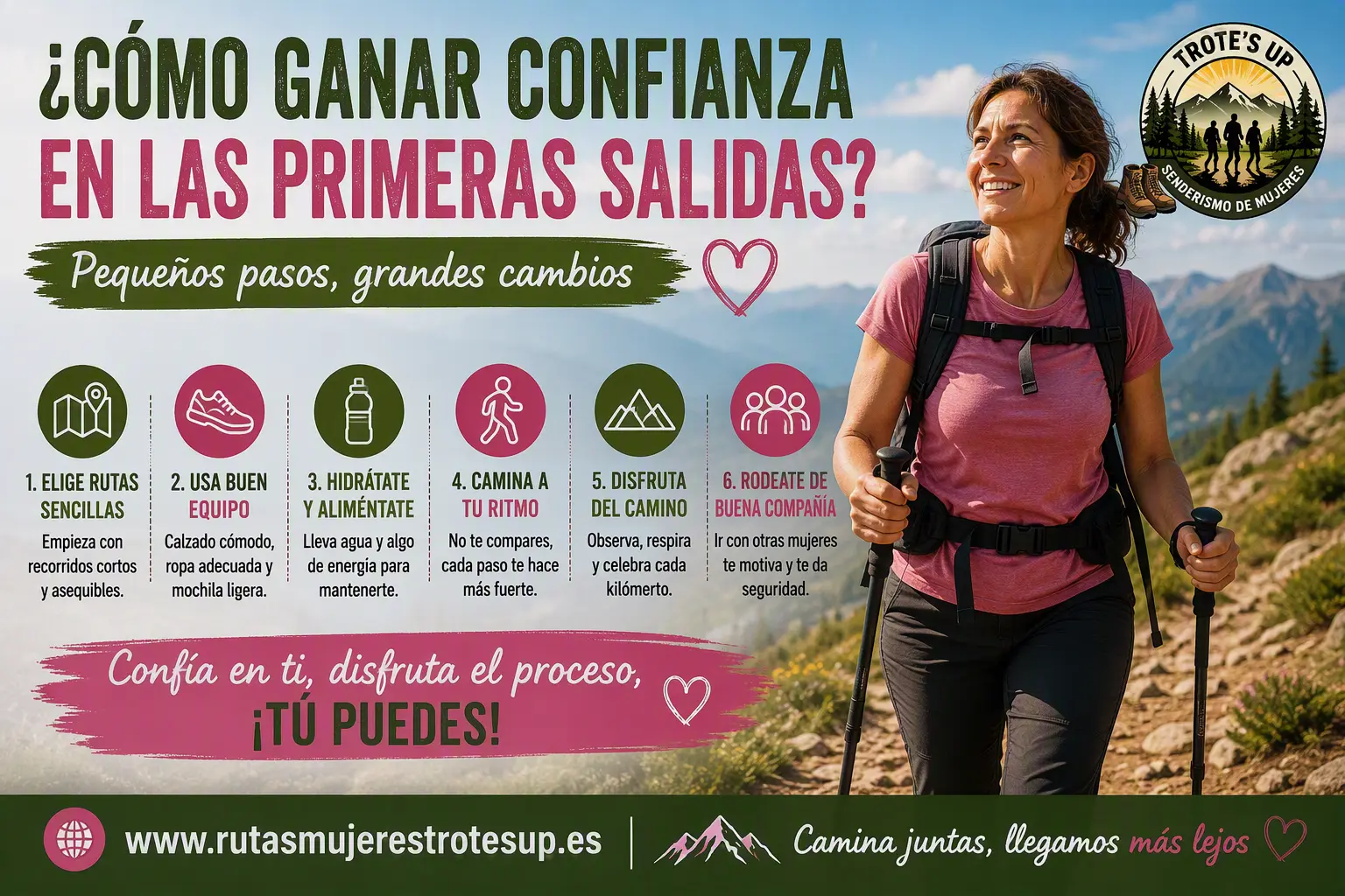 Mujer senderista sonriendo al terminar una ruta de montaña que aumenta su confianza.