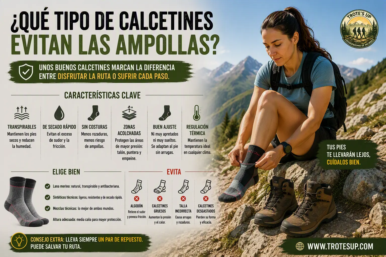Senderista ajustándose unos calcetines técnicos de montaña junto a unas botas de senderismo. Infografía sobre las características de los calcetines que ayudan a prevenir ampollas durante las rutas.