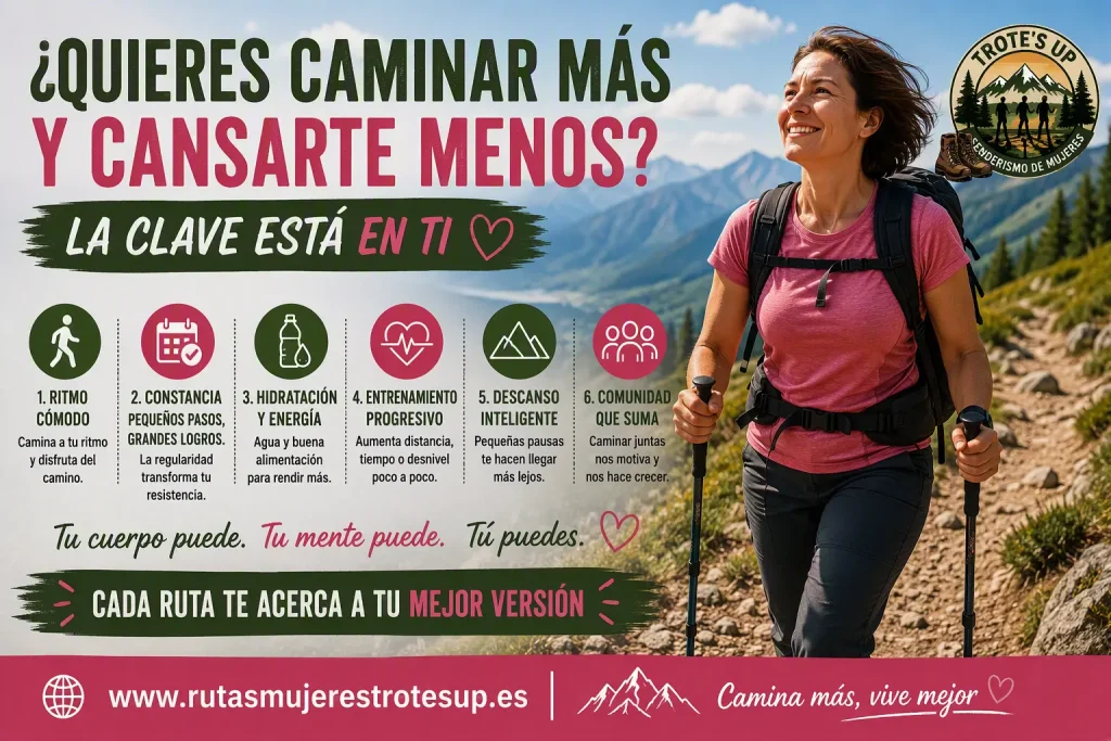 ¿Quieres caminar más y cansarte menos? Mujer senderista caminando a ritmo cómodo para cansarse menos durante una ruta de montaña.