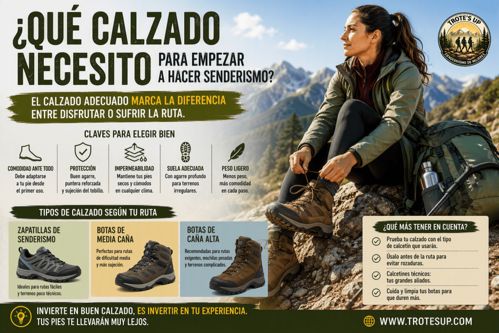 ¿Qué calzado necesito para empezar a hacer senderismo? Senderista bebiendo agua durante una ruta de montaña. Infografía sobre cuánta agua llevar en senderismo según la duración de la excursión, la temperatura y el esfuerzo físico.