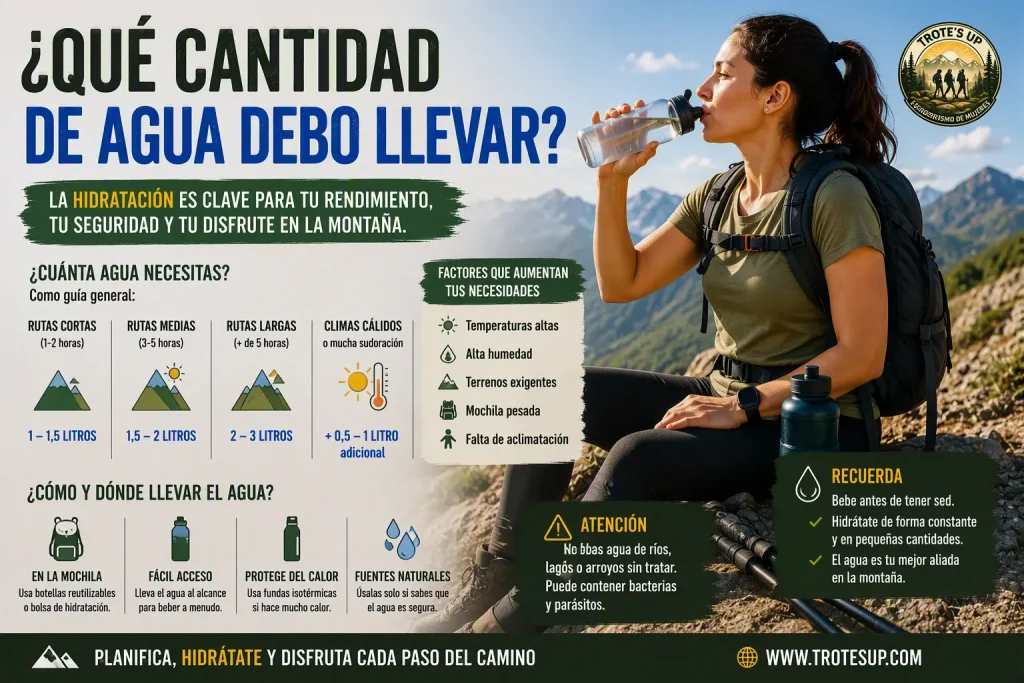 ¿Qué cantidad de agua debo llevar para una ruta de senderismo? Senderista bebiendo agua durante una ruta de montaña. Infografía sobre cuánta agua llevar en senderismo según la duración de la excursión, la temperatura y el esfuerzo físico.