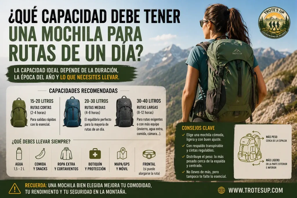 ¿Qué capacidad debe tener una mochila para rutas de un día? Senderista con mochila de montaña durante una ruta. Infografía sobre la capacidad ideal de una mochila para senderismo según la duración de la excursión y el equipamiento necesario.
