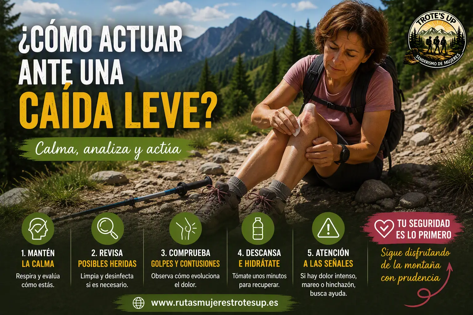 Senderista atendiendo una pequeña rozadura en la rodilla tras una caída leve durante una ruta de montaña. Infografía sobre cómo actuar ante pequeños accidentes en senderismo.