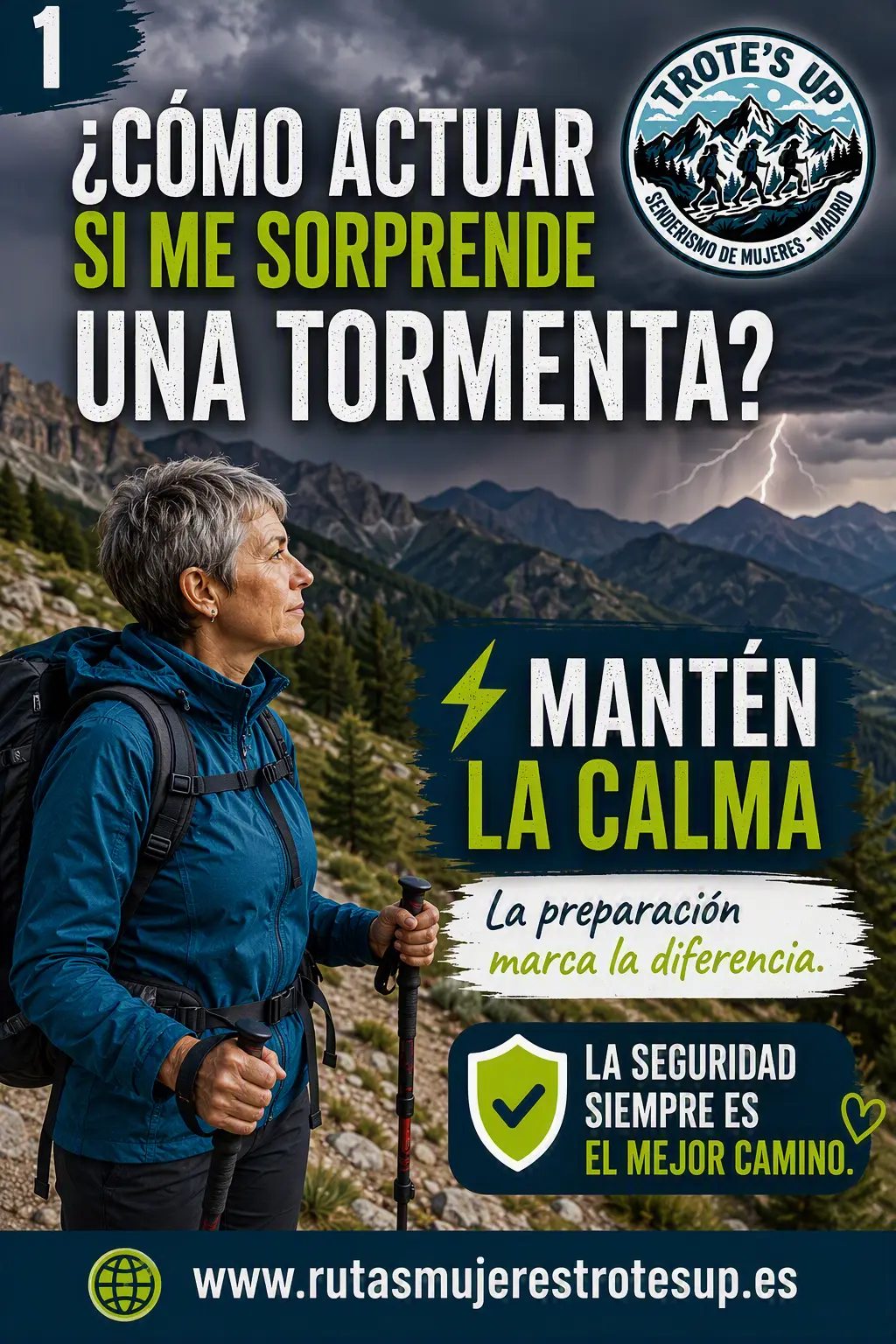 Senderista observando una tormenta acercándose en una ruta de montaña mientras se protege con ropa impermeable. Infografía sobre cómo actuar ante tormentas durante actividades de senderismo.