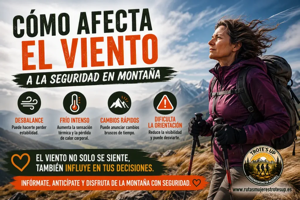 Senderista en una ruta de montaña expuesta al viento con consejos sobre seguridad, prevención y planificación en senderismo.