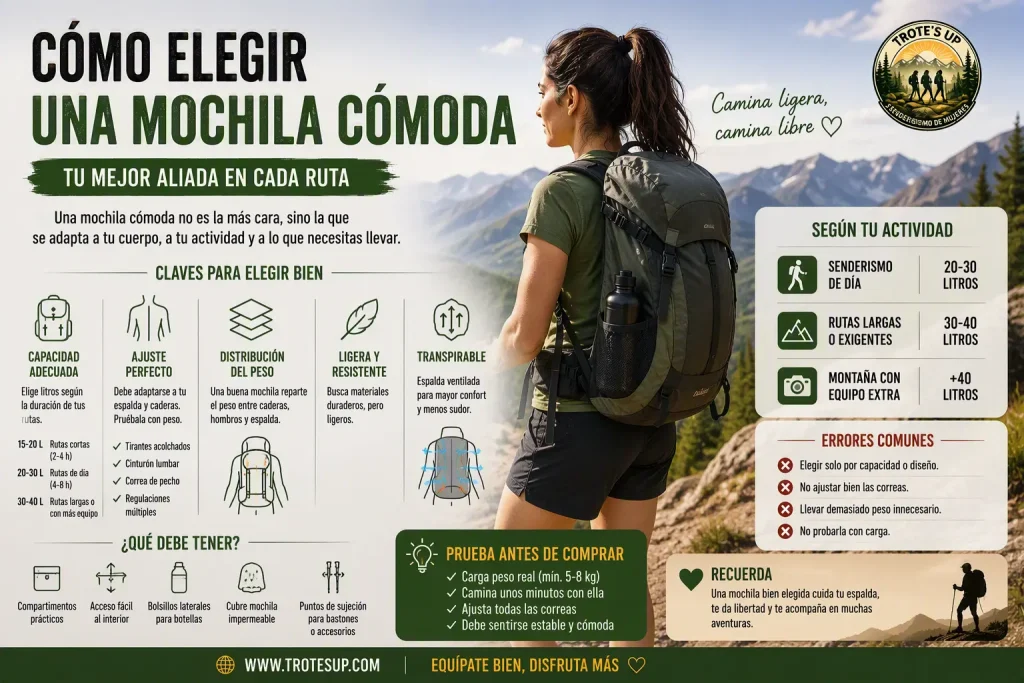 ¿Cómo elegir una mochila cómoda para hacer senderismo? Senderista con mochila de montaña ajustada correctamente durante una ruta. Infografía sobre cómo elegir una mochila cómoda para senderismo según capacidad, ajuste, ventilación y distribución del peso.