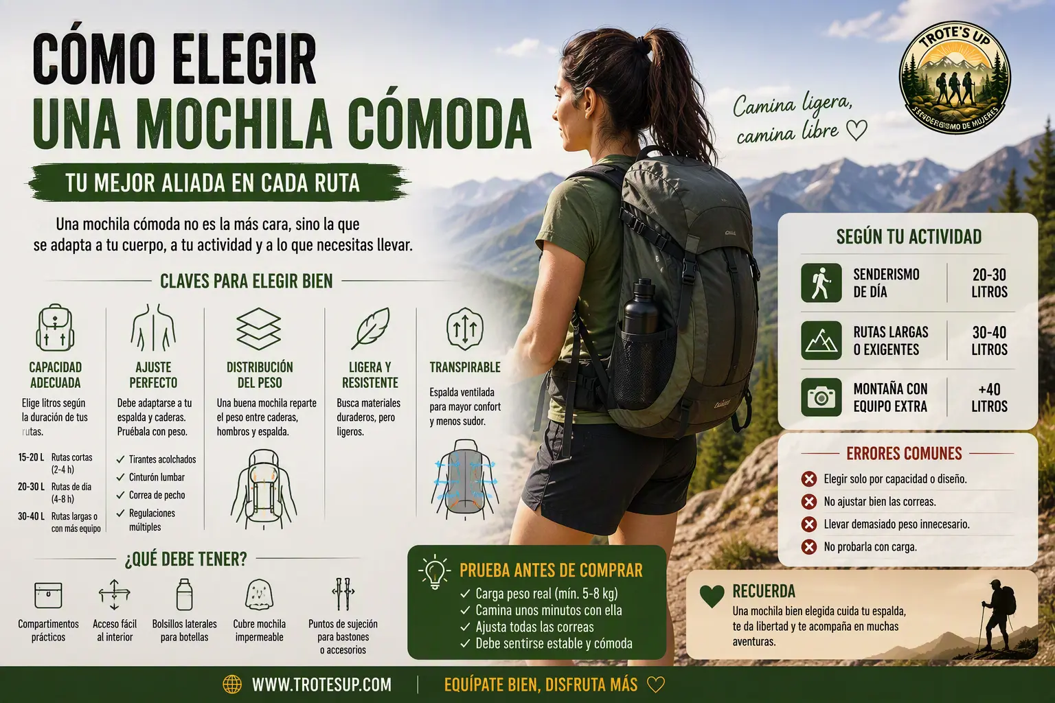 Senderista con mochila de montaña ajustada correctamente durante una ruta. Infografía sobre cómo elegir una mochila cómoda para senderismo según capacidad, ajuste, ventilación y distribución del peso.
