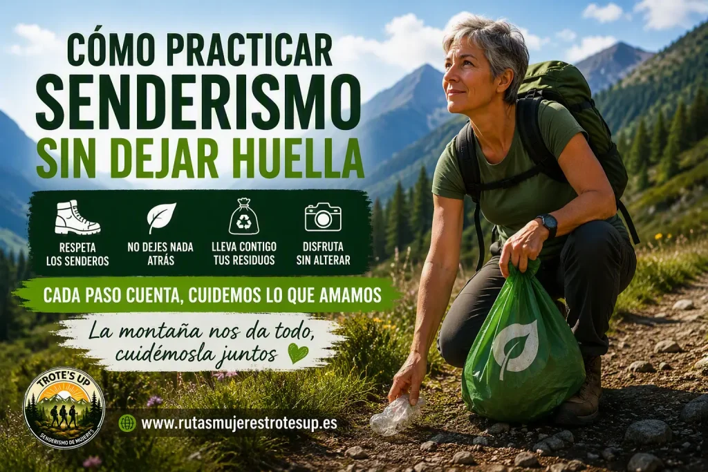 Cómo practicar senderismo sin dejar huella Senderista en una ruta de montaña recogiendo residuos y practicando senderismo responsable para proteger la naturaleza y conservar los senderos.