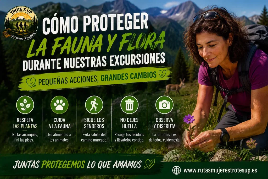 Cómo proteger la fauna y flora durante nuestras excursiones Senderista en una ruta de montaña observando y respetando la naturaleza en un paisaje de bosques y montañas. Imagen sobre la protección de la fauna y flora durante las excursiones y el senderismo responsable.