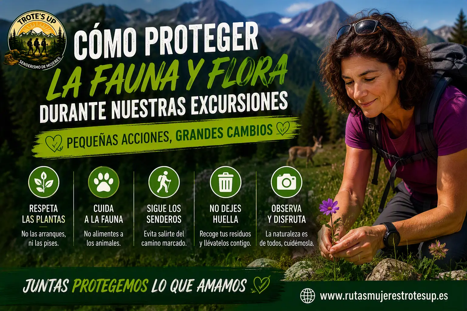 Senderista en una ruta de montaña observando y respetando la naturaleza en un paisaje de bosques y montañas. Imagen sobre la protección de la fauna y flora durante las excursiones y el senderismo responsable.