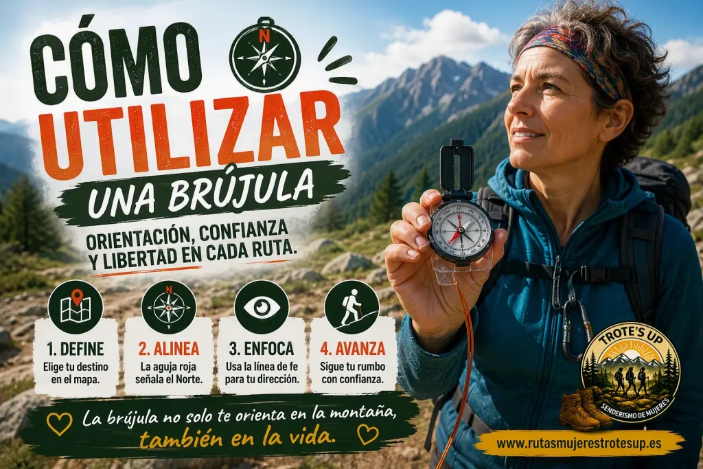 Senderista utilizando una brújula en una ruta de montaña con explicación de orientación y navegación básica en senderismo.