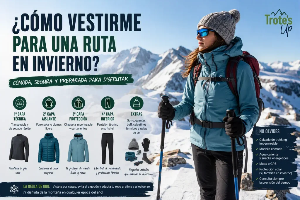 Cómo vestirme para una ruta en invierno Senderista equipada con ropa técnica de invierno en una ruta de montaña nevada. Imagen informativa sobre cómo vestirse por capas para hacer senderismo en invierno con comodidad, seguridad y protección frente al frío.
