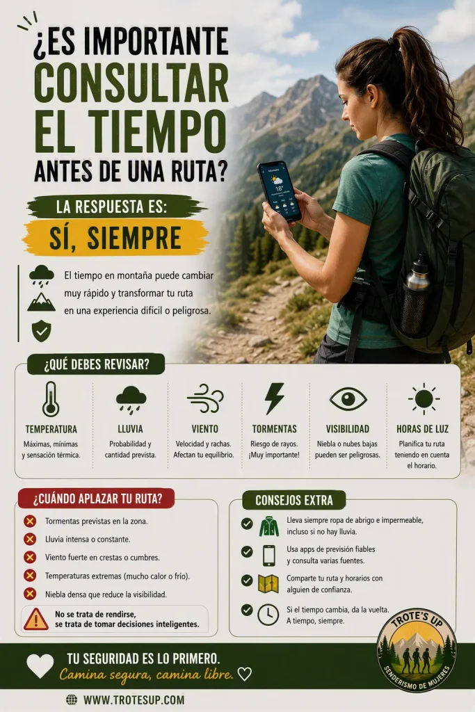 Senderista con mochila frente a un paisaje de montaña y consejos de seguridad sobre ropa impermeable, apps de previsión, compartir la ruta y dar la vuelta si el tiempo cambia.