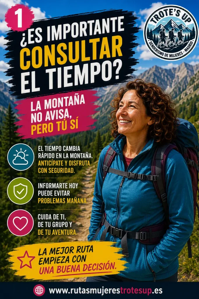 Senderista consultando la previsión meteorológica en un teléfono móvil antes de comenzar una ruta de montaña. Infografía sobre la importancia de revisar el tiempo antes de una excursión.