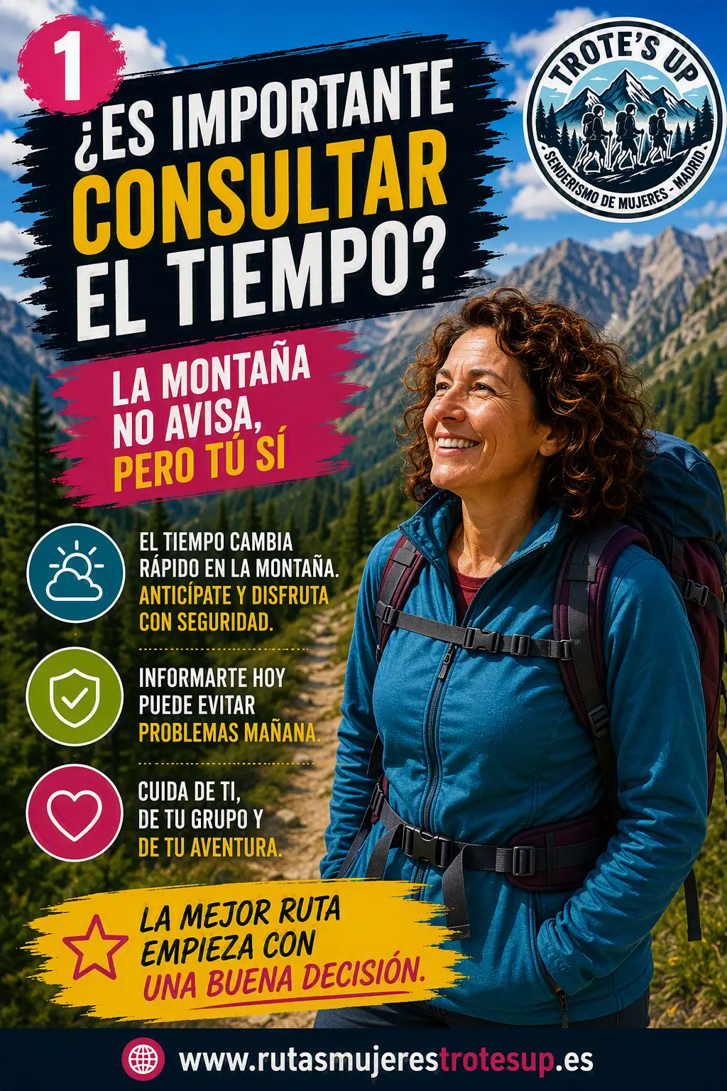 Senderista consultando la previsión meteorológica en un teléfono móvil antes de comenzar una ruta de montaña. Infografía sobre la importancia de revisar el tiempo antes de una excursión.