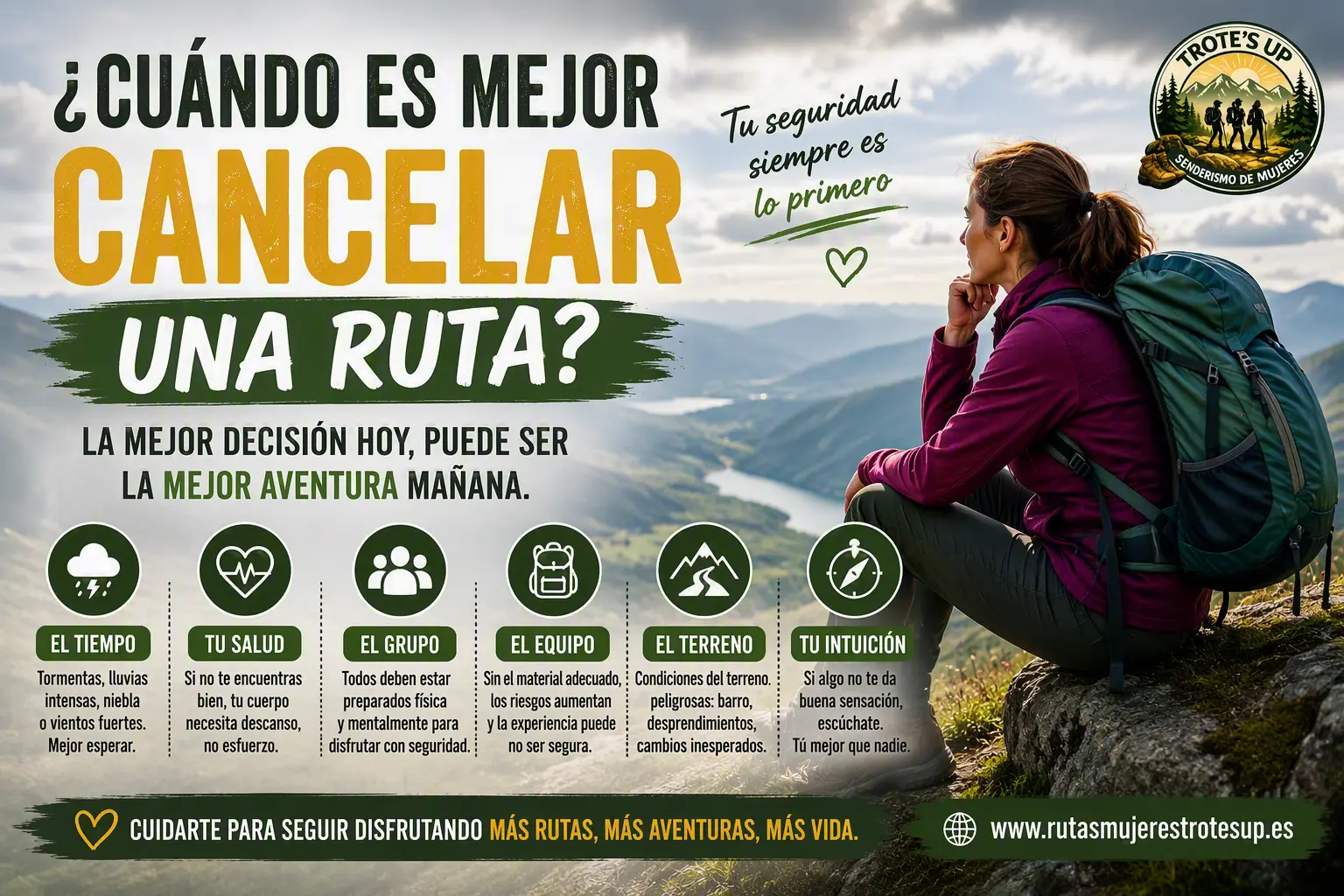 Senderista observando un cielo tormentoso en la montaña mientras revisa un mapa y decide si continuar o cancelar la ruta. Infografía sobre cuándo cancelar una excursión por motivos de seguridad.