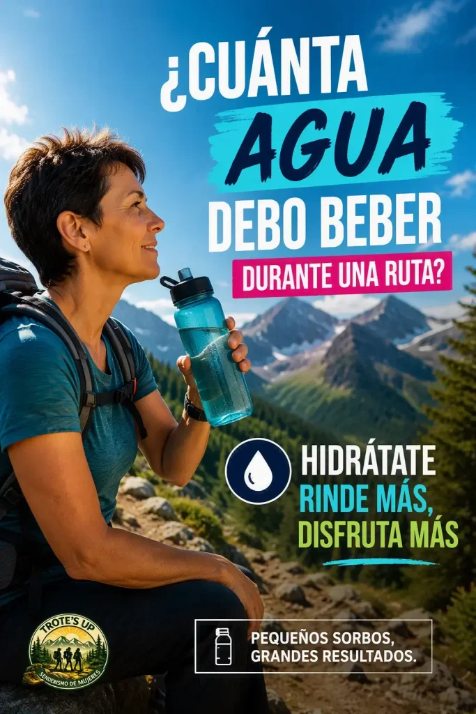 ¿Cuánta agua debo beber durante una ruta de senderismo? Senderista con mochila sosteniendo una botella de agua durante una ruta de montaña, con vistas panorámicas de cumbres y naturaleza, junto a consejos sobre hidratación en senderismo.