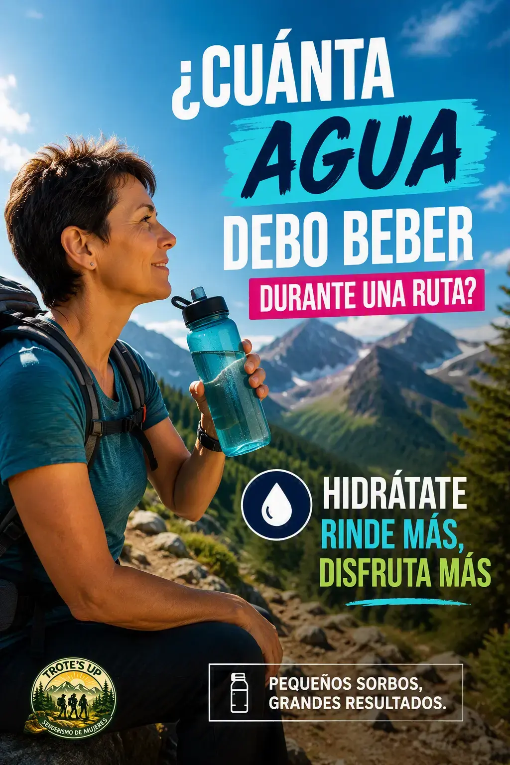Senderista con mochila sosteniendo una botella de agua durante una ruta de montaña, con vistas panorámicas de cumbres y naturaleza, junto a consejos sobre hidratación en senderismo.