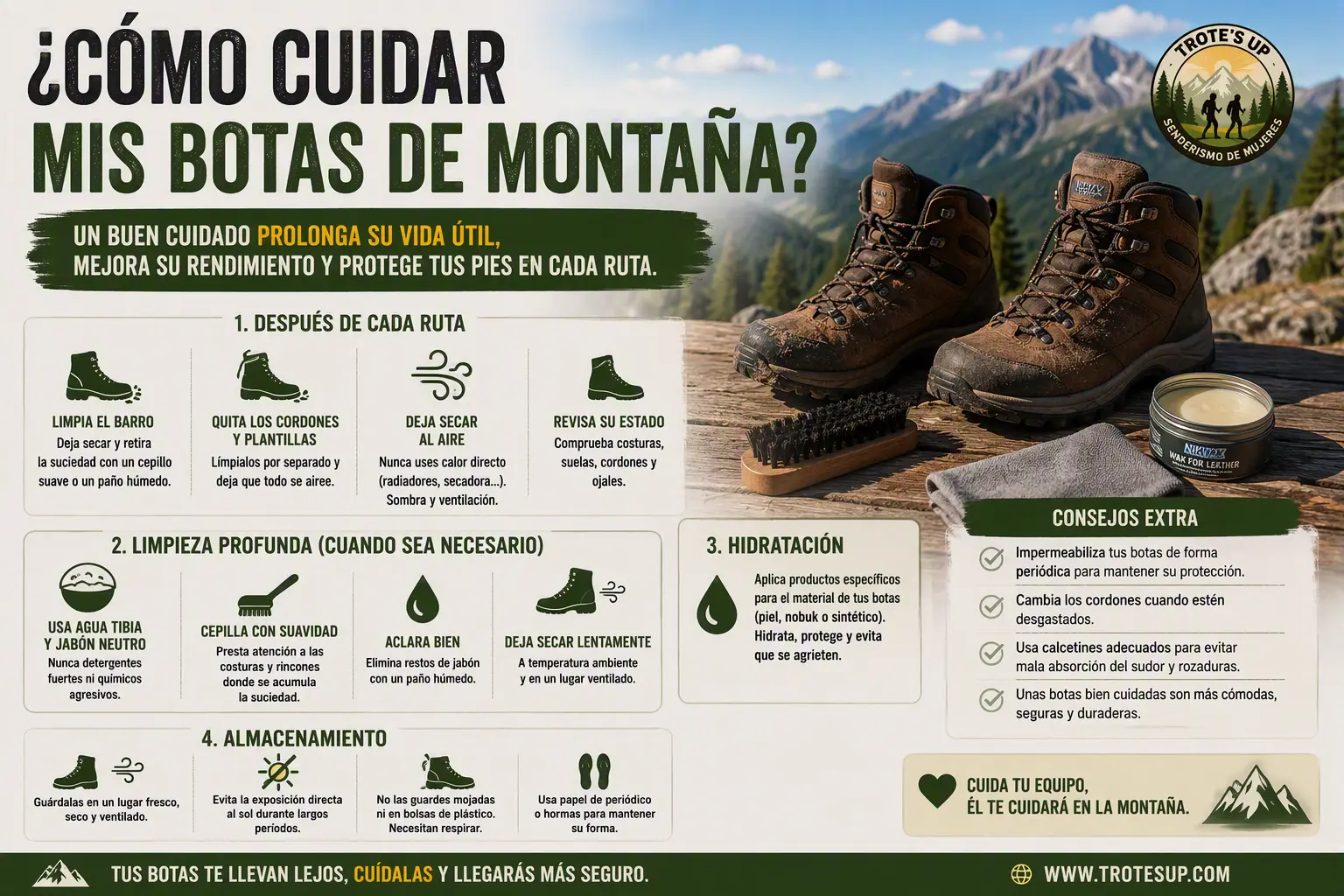 Botas de montaña sobre una mesa de madera junto a un cepillo, paño de limpieza y crema impermeabilizante. Infografía sobre el cuidado, limpieza y mantenimiento de botas de trekking.