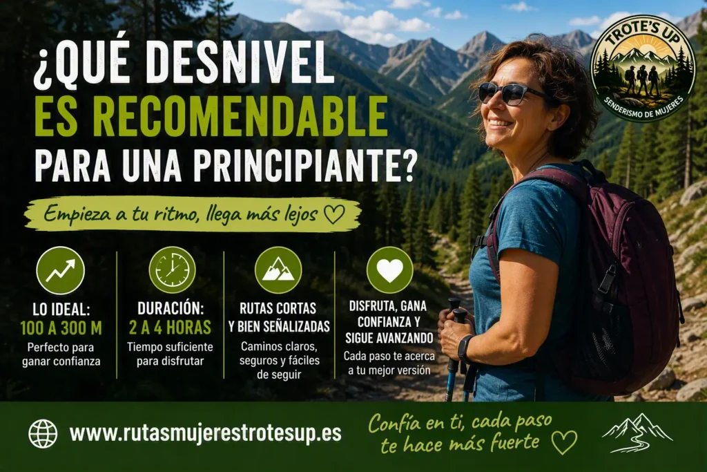 ¿Qué desnivel es recomendable para una principiante? Mujer senderista principiante revisando el desnivel de una ruta fácil antes de empezar a caminar.