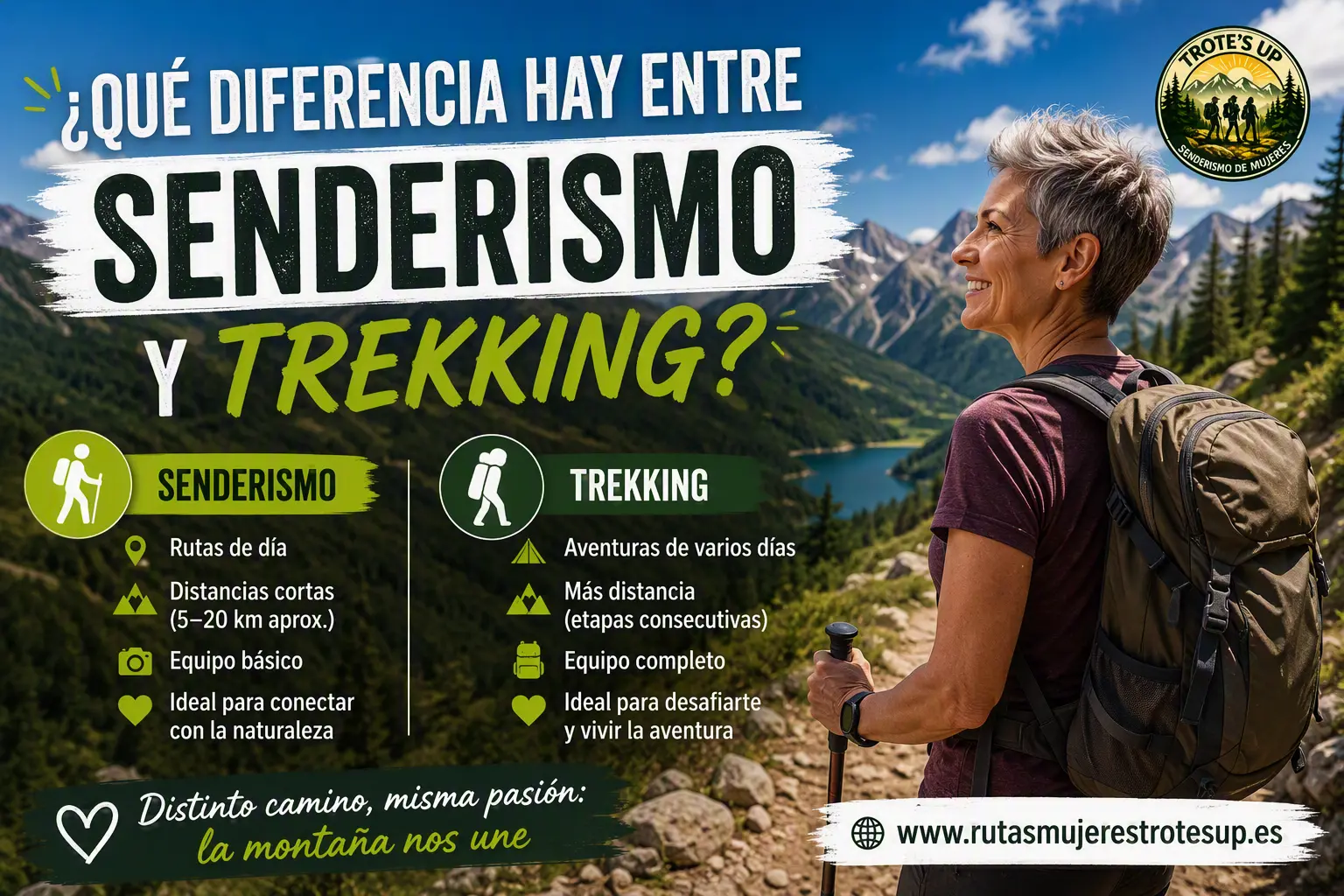 Mujer senderista comparando una ruta de senderismo y una travesía de trekking en la montaña.
