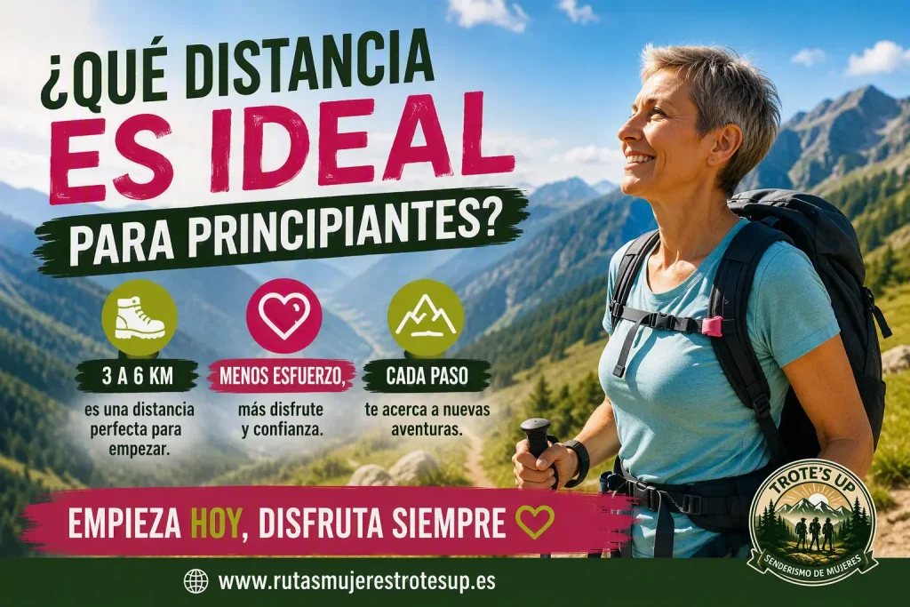 ¿Qué distancia es ideal para principiantes en senderismo? Mujer senderista principiante revisando la distancia de una ruta fácil antes de empezar a caminar.