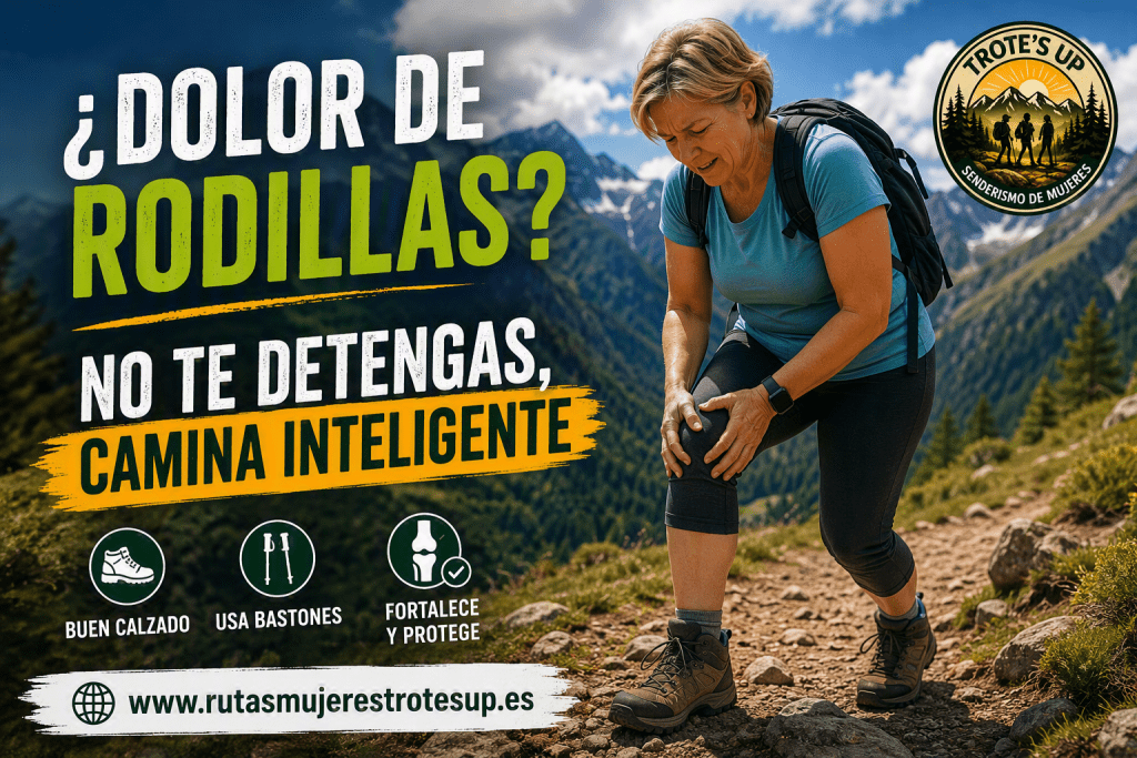 ¿Qué hacer si tengo dolor de rodillas al hacer senderismo? Mujer senderista descansando en una ruta de montaña por dolor de rodillas durante el senderismo.