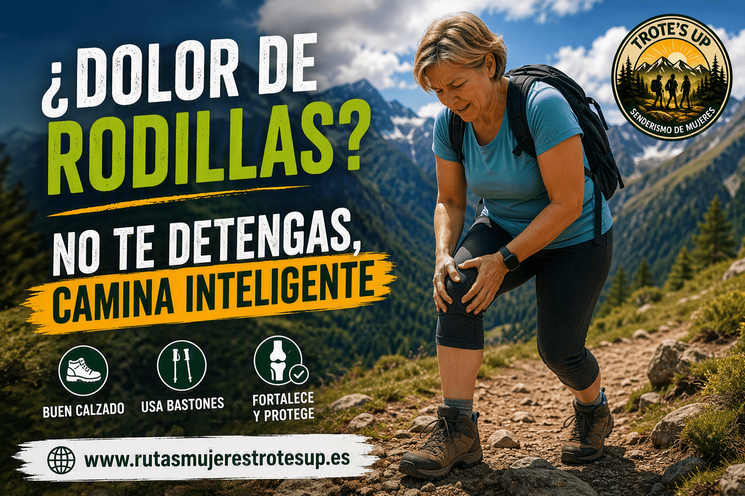 Mujer senderista descansando en una ruta de montaña por dolor de rodillas durante el senderismo.