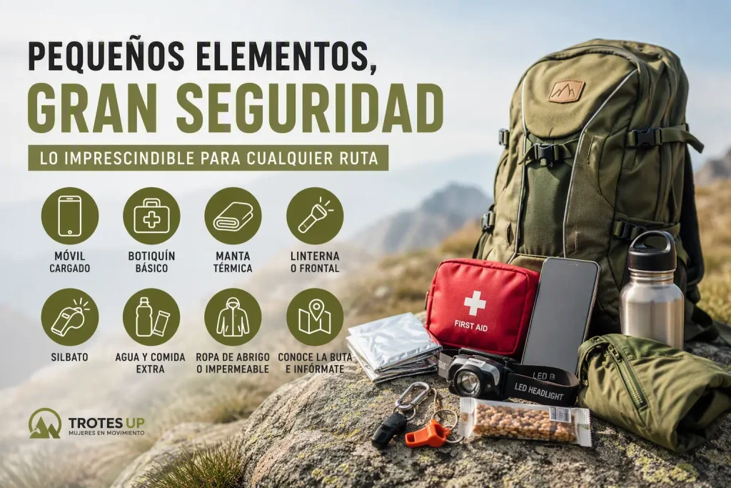 Mujer senderista preparando elementos de emergencia para una ruta de senderismo.