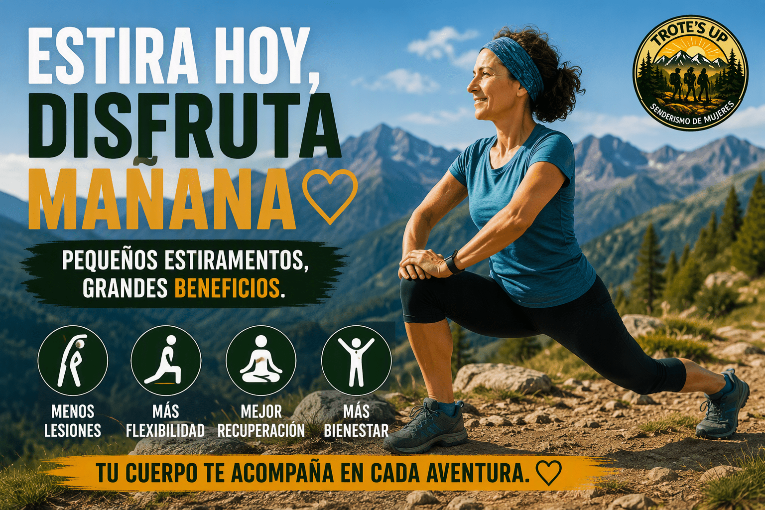 Mujer realizando estiramientos suaves antes de una ruta de senderismo en la montaña.