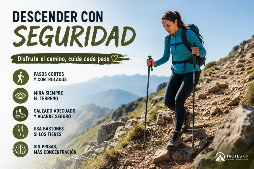 Senderista descendiendo una pendiente de montaña con bastones de trekking y técnica adecuada. Infografía sobre cómo evitar accidentes y caídas durante los descensos en senderismo.