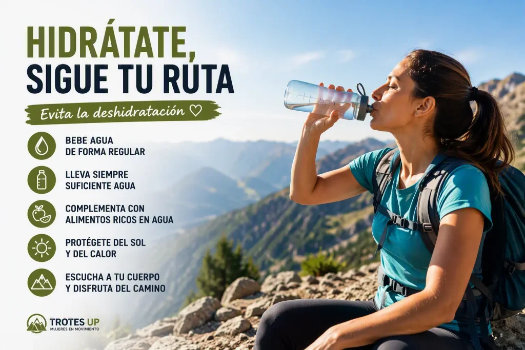 ¿Cómo evitar la deshidratación durante una ruta de senderismo? Senderista bebiendo agua durante una ruta de montaña en un día soleado. Infografía sobre cómo evitar la deshidratación mediante una hidratación adecuada durante actividades de senderismo.