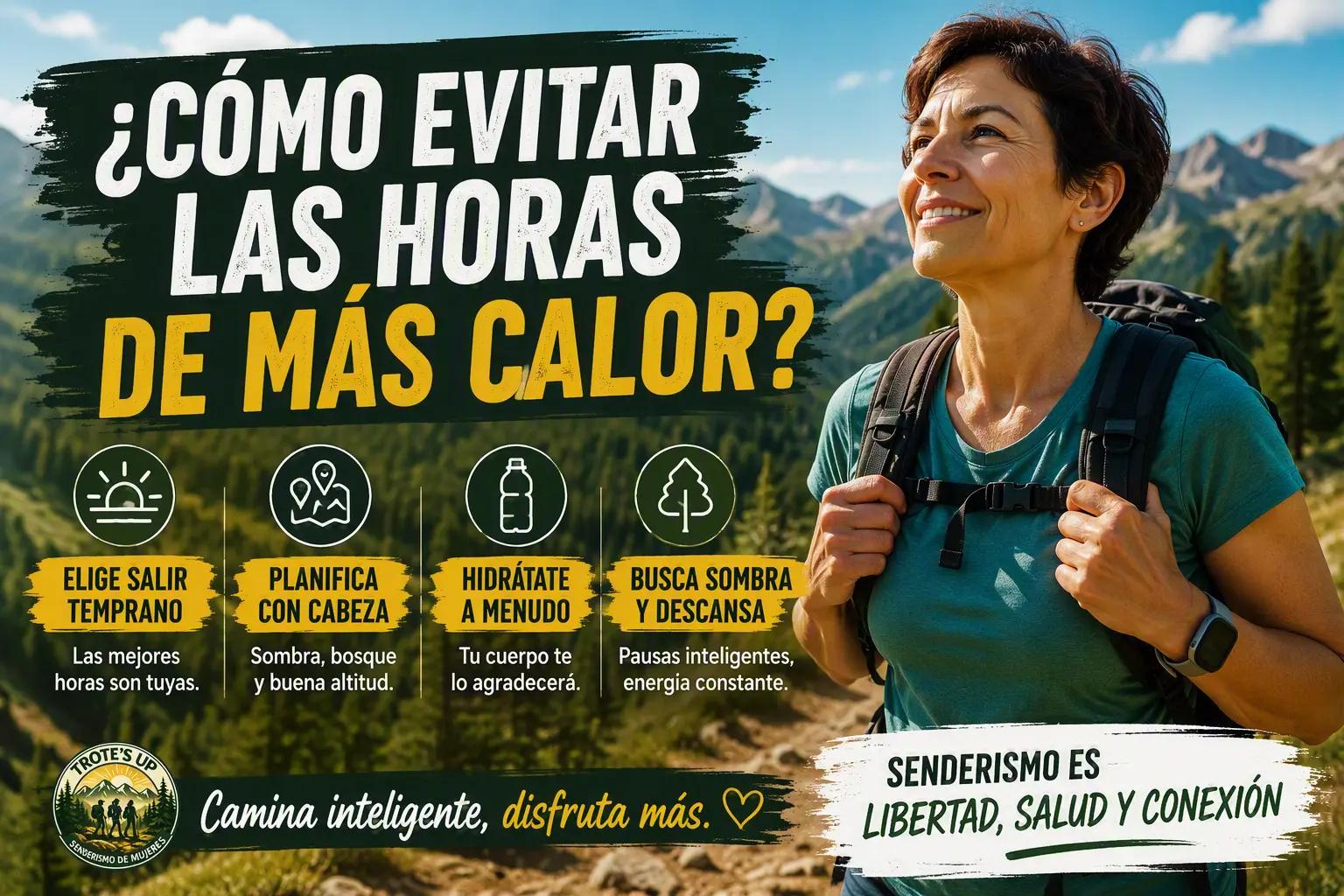 Mujer senderista caminando temprano por la mañana para evitar las horas de más calor en verano.