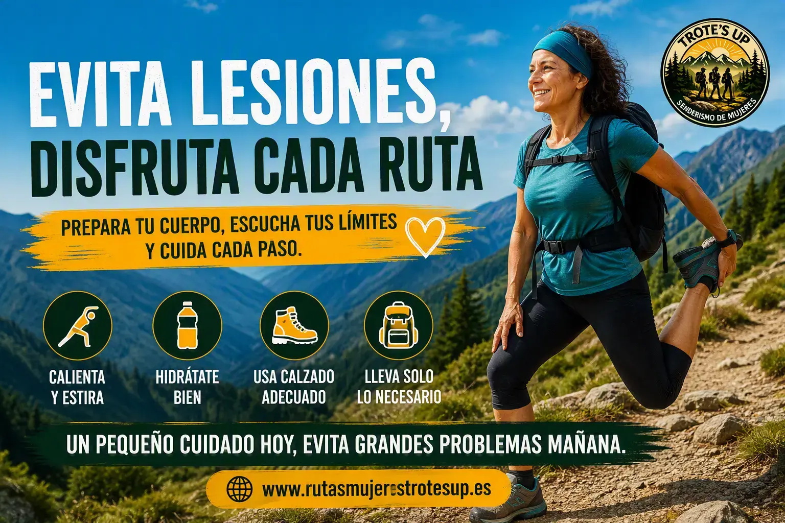 Persona senderista realizando estiramientos en un sendero de montaña con mochila, rodeada de montañas, cielo azul y paisaje natural, junto a consejos para evitar lesiones durante una ruta.