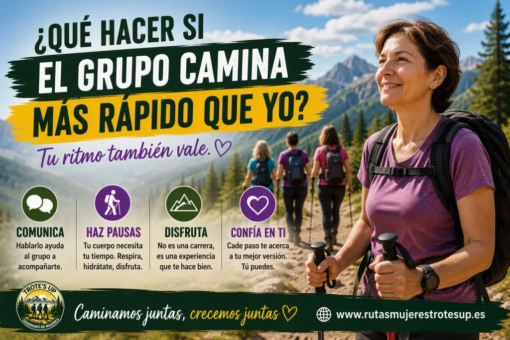 ¿Qué hacer si el grupo camina más rápido que yo? Mujer senderista caminando a su ritmo mientras un grupo la espera en una ruta de montaña.