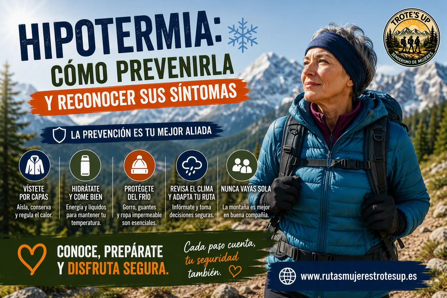 Senderista en paisaje de montaña con información sobre prevención y síntomas de la hipotermia durante rutas de senderismo.