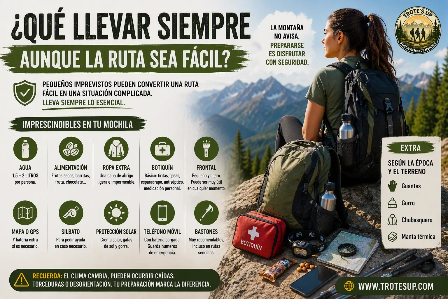 Mochila de senderismo con agua, comida, botiquín, frontal, mapa, teléfono móvil y bastones de trekking. Infografía sobre los elementos imprescindibles para llevar siempre en una ruta de senderismo.