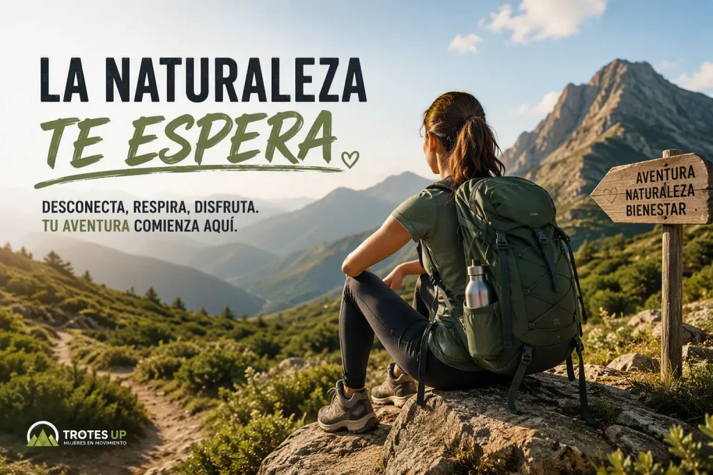 La naturaleza te espera Mujer senderista caminando por un sendero natural con montaña y bosque al fondo.